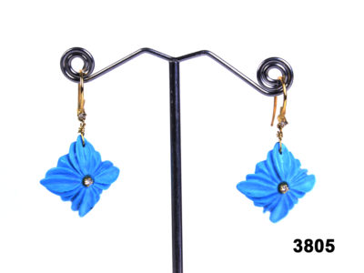 18 carat yellow gold earrings with carved turquoise flowers & diamonds from antiques of kingston