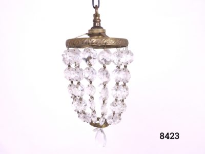 Small chandelier with bulb socket and ring in brass and cut crystal glass droplets Drop length from top of hook to base of chandelier 350mm Main photo of whole chandelier shown hanging