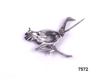 Sterling silver ostrich brooch with marcasite.  Ostrich in full running pose Hallmarked Efor sterling Germany Photo of back of brooch showing hallmark