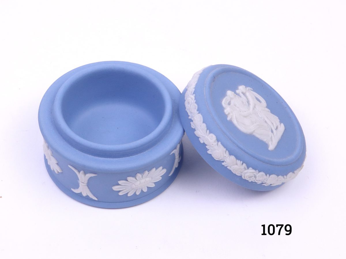 Vintage Wedgwood small lidded pot in the classic Jasperware light blue c1962 Measures 46mm in diameter Photo of pot with lid removed from a raised angle