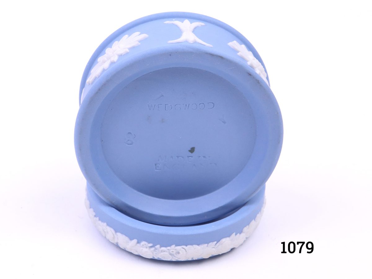Vintage Wedgwood small lidded pot in the classic Jasperware light blue c1962 Measures 46mm in diameter Photo of the base of the pot showing makes stamp