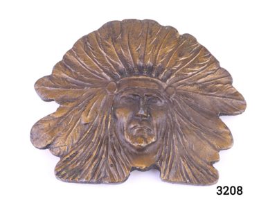 Vintage bronze effect metal belt buckle of an Indigenous Native American in full feather head gear Main photo showing belt buckle front