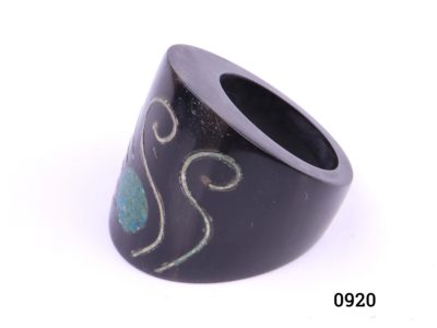 Inlaid tagua nut ring with silver and mosaic turquoise inlay. (Tagua nut also known as vegetable ivory). Measures 25mm by 24mm at front Side view photo