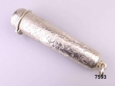 Antique Victorian sterling silver cheroot case with vacant cartouche for personalisation set in intricate scrollwork Hallmarked WN with a lion passant inside the lid (Currently housing small pencils) Photo of whole cheroot showing the scrollwork