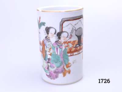 A vintage Chinese polychrome porcelain brush pot. Hand-painted decoration of women in an interior setting. Seal mark to the base. Measures 72mm in diameter at base Main photo of pot with main decoration to the foreground