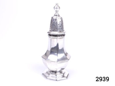 c1913 London assayed sterling silver small sugar sifter. Fully hallmarked on outer rim of sifter base and inside rim of top. Measures 40mm in diameter at base Main photo of sifter from an eye level angle