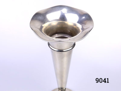 Vintage silver plated trumpet vase. Hallmarked EPNS to the side just under the top ridge. Measures 76mm in diameter at base and 107mm across the top. Photo of vase looking down from above peering just into the vase interior