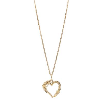 9ct yellow gold floral heart pendant in yellow gold paired with a 16” 9ct yellow gold chain. Main photo of pendant displayed with chain.