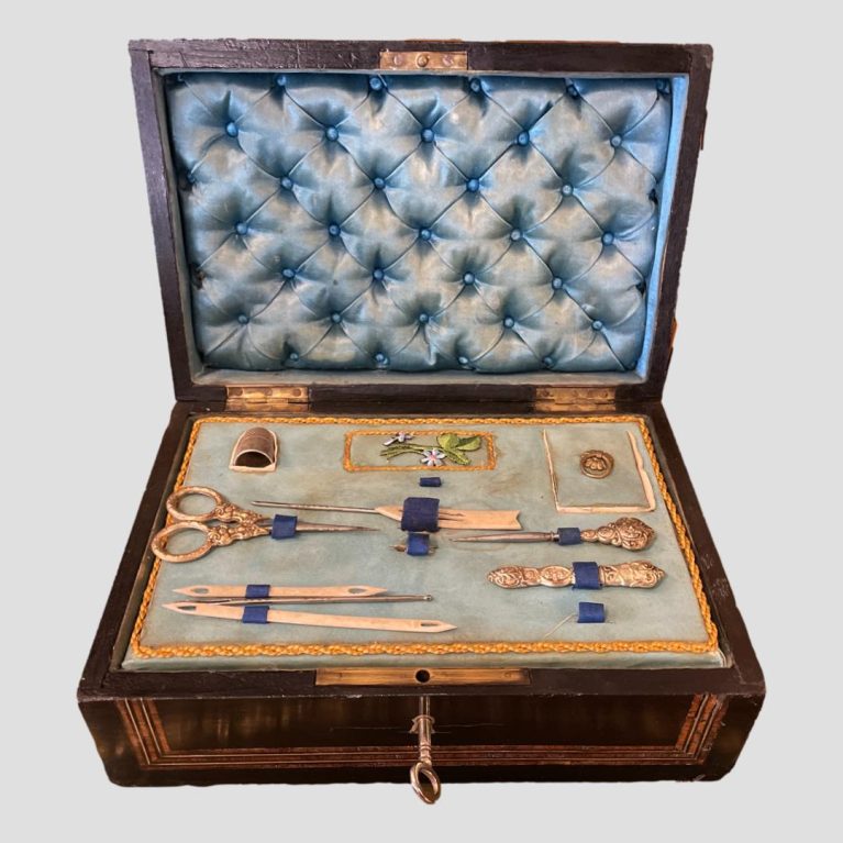 Main photo of Napoleon Palais Royal Sewing Box shown with lid open and revealing the padded silk pin cushion inside lid and the top tool tray on its place.