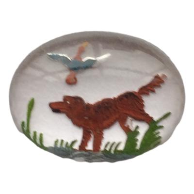 Reverse intaglio, rock-cut “Essex” crystal. A dog running through marshes chases a duck flying away. 20th Century. In excellent condition. Photo of front of intaglio with dog facing left.