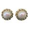 Main photo of earrings displayed side by side. The faux pearls are fairly large with a pinkish tinge with a twist rope work framing them all the way round.