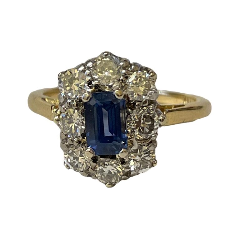 Main photo of cornflower sapphire &diamond ring shown with ring front forward facing.