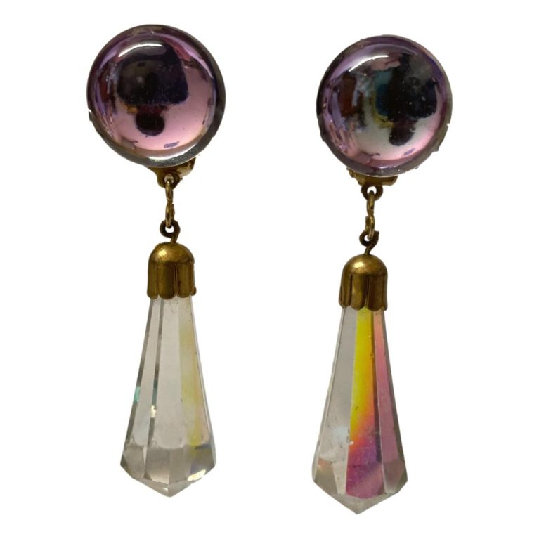 Main photo of earrings shown hanging (no support bar visible) with pink/lilac colour to the discs at top and clear crystal to left and multi colour crystal to right earring.
