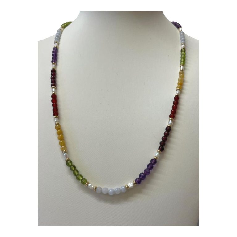 Main photo of necklace displayed on a stand and seen from the front.