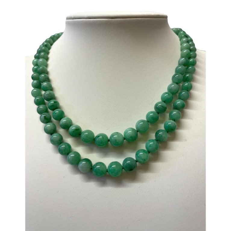 Main photo of necklace displayed on a stand and seen front facing. The jade colour is a fabulous apple green.