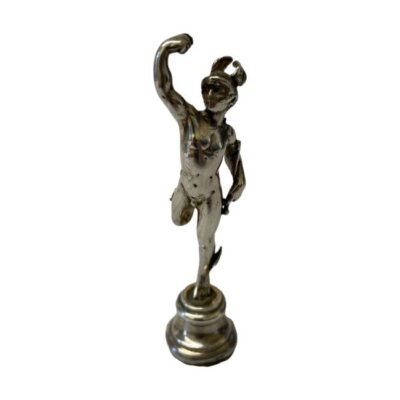 Small statue of Hermes in sterling silver. Very finely detailed small statue of Hermes in his most known pose. Top of his staff or caduceus (kērykeion) is unfortunately missing although this does not detract from the quality of the piece. Hallmark to the back is worn but dates for c1981. (Could also be used as a pipe tamper) Weight 40gms. Photo of statue seen full front facing.