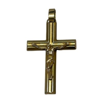 Crucifix pendant in 9 karat gold. Italian made 9 karat gold crucifix with full hallmark to the back of both the bail and the crucifix. Drop length from top of bail 55mm. Weight 5 grams. Main photo of the crucifix shown displayed on a flat surface front face up. The pendant bail is as wide as the cross arms