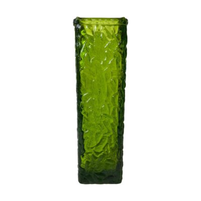 Art glass vase by Davidson. A green British glass vase in a bark like texture. Often mistaken for Whitefriars, this vase design from the Luna range, was made by Davidson in 1966 after they became Brama Teams Glassworks. Main photo of vase seen from an eye level and showing one side only.