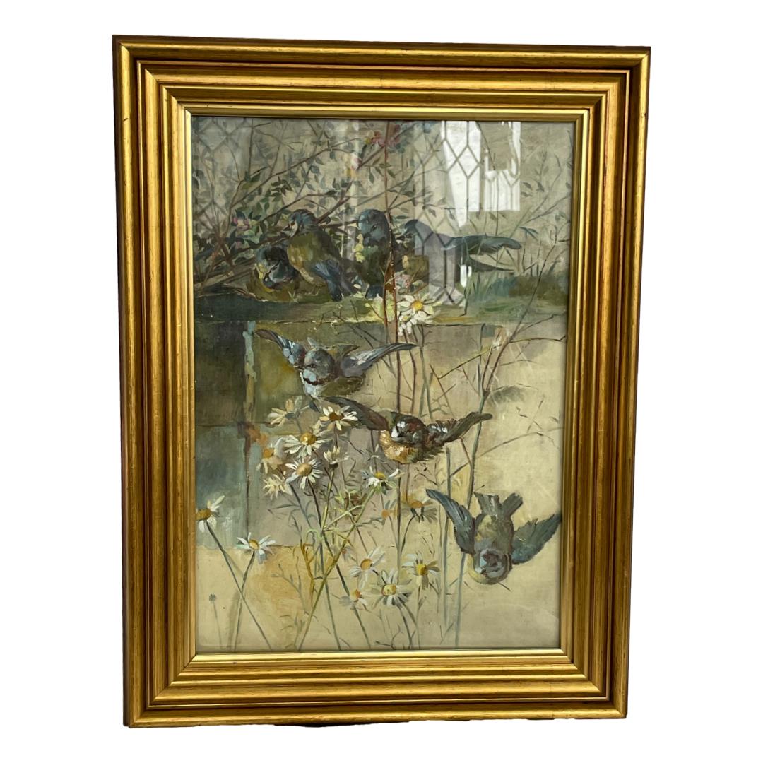 Antique oil on canvas. Beautiful glazed oil painting of a family of 7 Blue Tits amongst daisies and foliage c1880. The oil is attributed to Swedish artist Bruno Liljefors, unsigned. Painting needs attention to secure into frame at back. Main photo of oik shown upright and from an eye level. There is a reflection in the glass of windows opposite (not part of the painting)