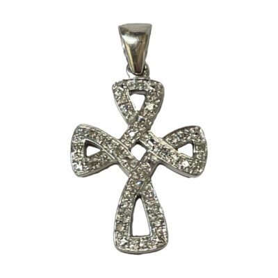 9 karat white gold cross with diamonds. Modern stylised cross in 9 karat white gold with small round cut diamonds throughout. Full hallmark to the back of pendant bail. Drop length 30mm, widest at 18mm. Main photo of the cross pendant seen looking straight on from the front with bail at the top. The cross is in a stylised form - imagine a single piece of twine looped at the 4 points making a gap and a gap in the centre. Like an eternal knot or figure of 8 but in a cross shape.