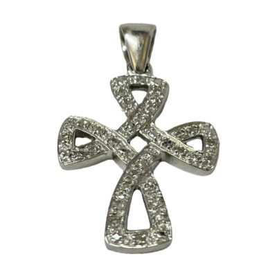 9 karat white gold cross with diamonds. Modern stylised cross in 9 karat white gold with small round cut diamonds throughout. Full hallmark to the back of pendant bail. Drop length 30mm, widest at 18mm. Photo of cross taken from the base stem looking upward.