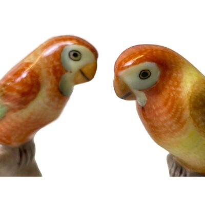 Pair of Macaw birds by Herend. Sweet pair of colourful macaws in shades of orange, brown & green on white stands. The birds are hand-painted so not identical which adds extra charm to these fine porcelain birds. Stamped Herend Hungary to the base, each bird measures approximately 70mm tall, 37mm at widest and 30mm at widest. Close up of birds faces one is in front of the other slightly.