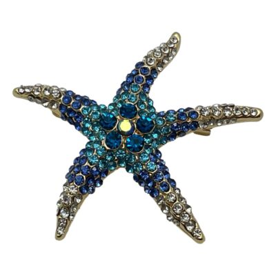 Main photo of the brooch seen forward facing. The tips of the starfish are in clear crystal, mid star arm is in a royal blue followed by turquoise blue crystals. The centre of the starfish has 5 larger royal blue crystals and finished with an iridescent crystal to the centre. The points of the starfish are not uniform so looks very starfish like.