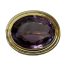Main photo of 14kt gold amethyst brooch displayed against a white background and in close up. The large oval amethyst is a rich purple shade and is neatly faceted around the edge. The gold around the stone has a classical look with double beading. The colours marry well together.
