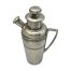 Main photo of silver plate cocktail shaker seen from a slightly raised angle looking diagonally down. This shaker has all its original covers for spout and lid with a handle for easy pouring.
