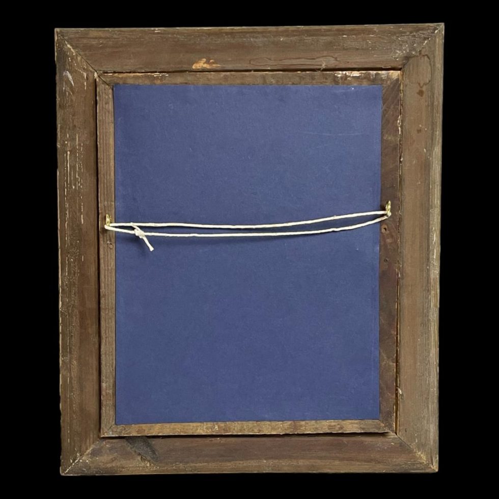 Photo of the back of French glass painting - pretty plain with no tape securing the back of picture and a string for hanging.