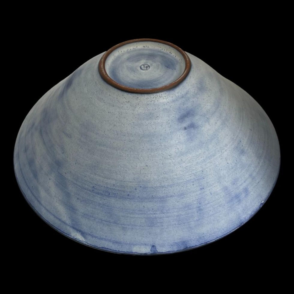 Photo of Tessa Fuchs animals bowl shown upside down. The whole outer area of the bowl is a light blue with minimal mottled patches except for the actual base rim which is a reddish brown.