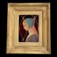 Main photo of Reverse glass medieval lady painting seen with the whole picture and frame in the shot. The rustic wood frame has a golden hue to it which compliments the painting beautifully. The medieval lady has her head slightly down and eyes lowered. She has a kind face with a slight smile.