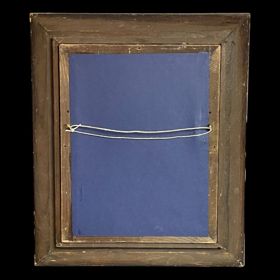 Photo of the back of reverse glass medieval lady painting showing the plain wooden frame and back covered in card.