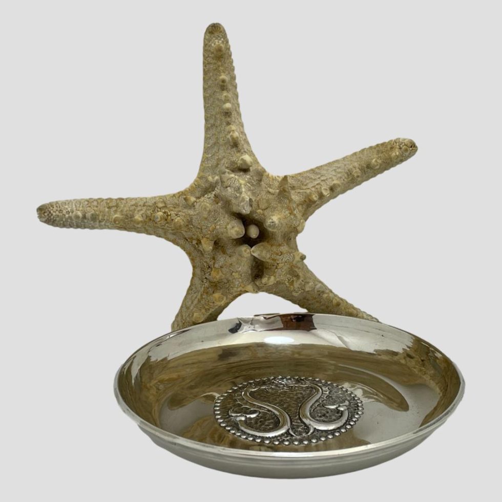 Photo of sterling silver seahorse dish shown laid on a flat surface showing the dish depth. The starfish display prop is upright behind the dish.