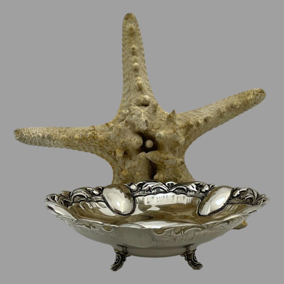 Main photo of the Mid-century Greek silver bowl seen from a near eye level with 2 feet visible at front, the bowl depth shown and the unusual decoration to inside rim. There is a starfish displayed behind the bowl giving a Poseidon feel to the image.
