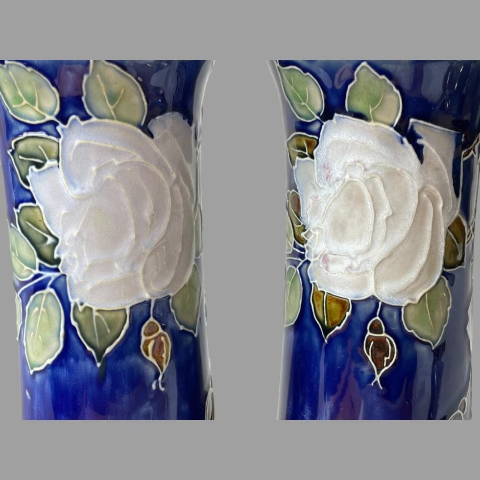 A close up photo of the 2 roses at top of both tall Doulton rose vases. The colours vary slightly on the roses but very subtle. From a distance they look white.