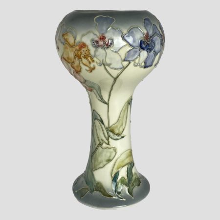 Main photo of Chris Lucas Studio Pottery seen from an eye level with multi coloured floral side from yellow to the left and blue to the right.