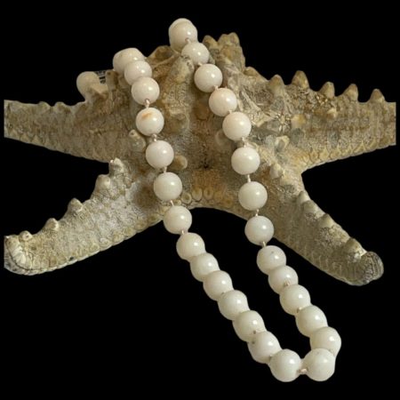 Main photo of antique white coral necklace displayed draped over a starfish. The coral beads are a lovely natural white with small flecks of pale pink and the knotting between each bead is visible.