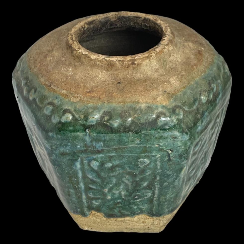 Photo of 19th century ginger jar seen this time from a slightly raised angle looking diagonally down showing the opening .
