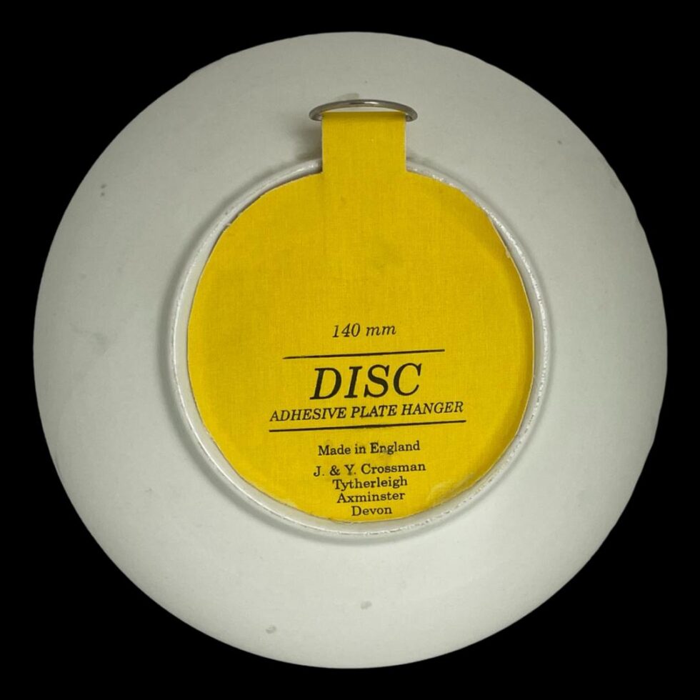 Photo of Poole yellow Delphis dish showing the back and the sticky back plate hanger with hoop ring at top.