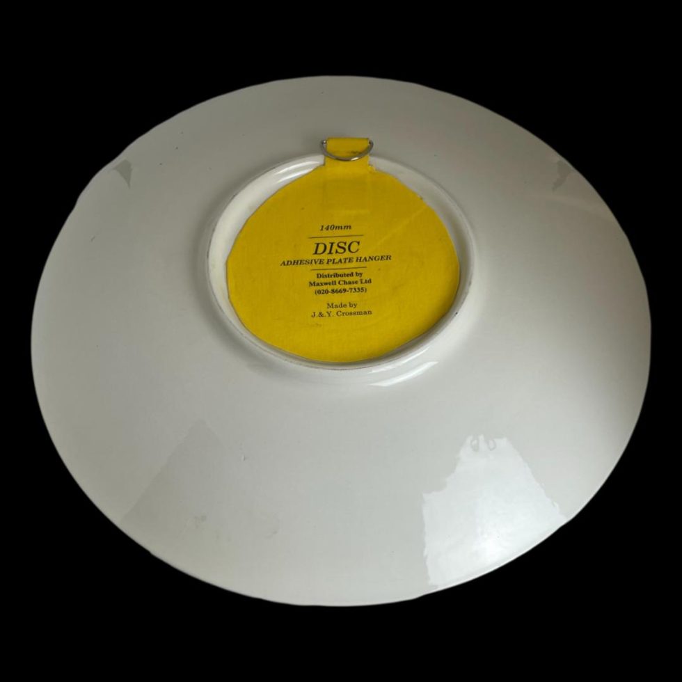 Photo of back of large Poole Delphis dish showing the adhesive plate wall hanger stuck to the base.
