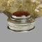 Main photo of silver & carnelian pill box seen from an eye level. The box is displayed in front of a rock of river quartz which is has a pale yellow crystal hue. This is reflecting on the silver area of the pill box lid. As with a lot of pill boxes with a stone set in the lid, this one has more depth to the lid than the base.