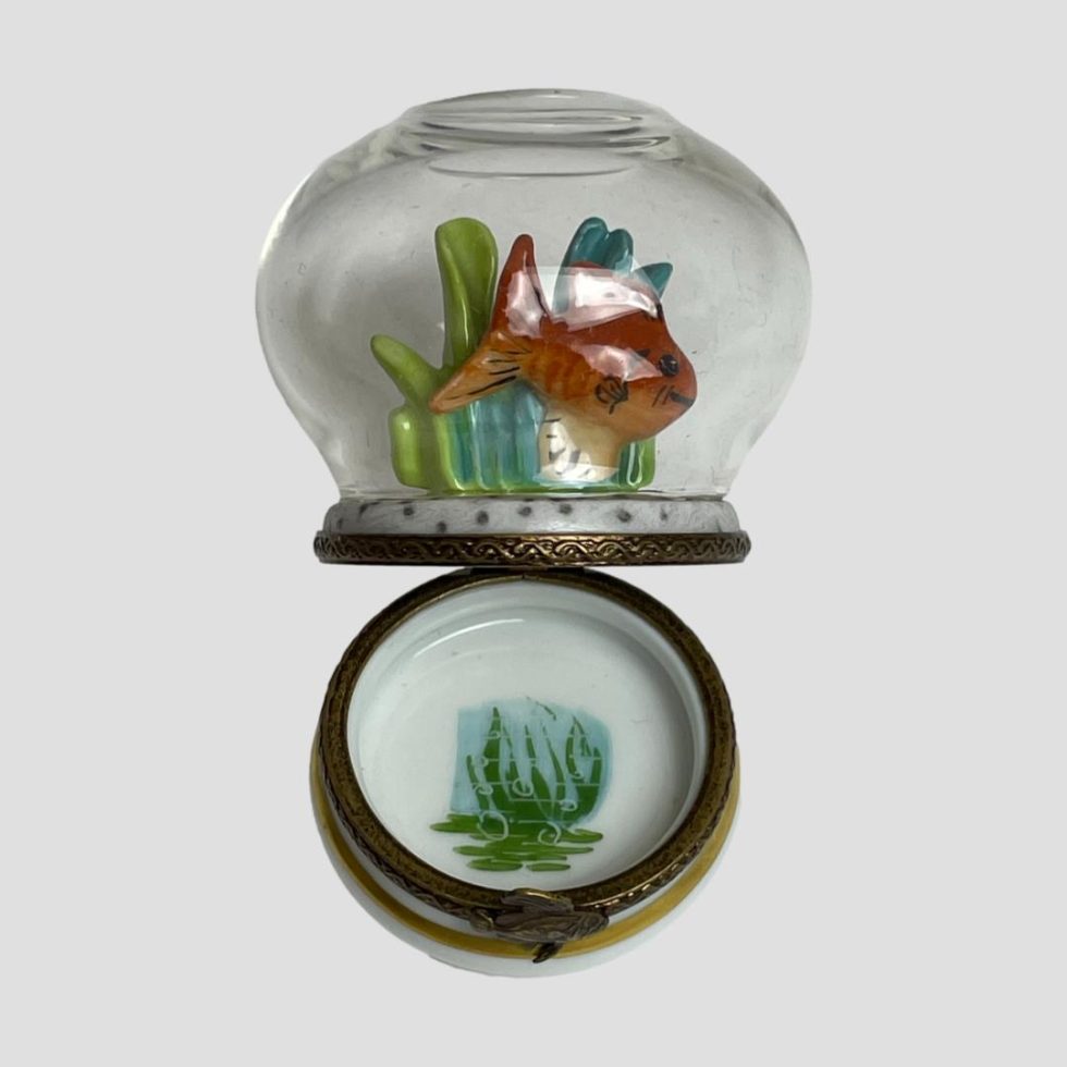 Photo of Limoges goldfish bowl box shown open. We are looking straight down into the open part of the box and the seaweed painted inside is visible.