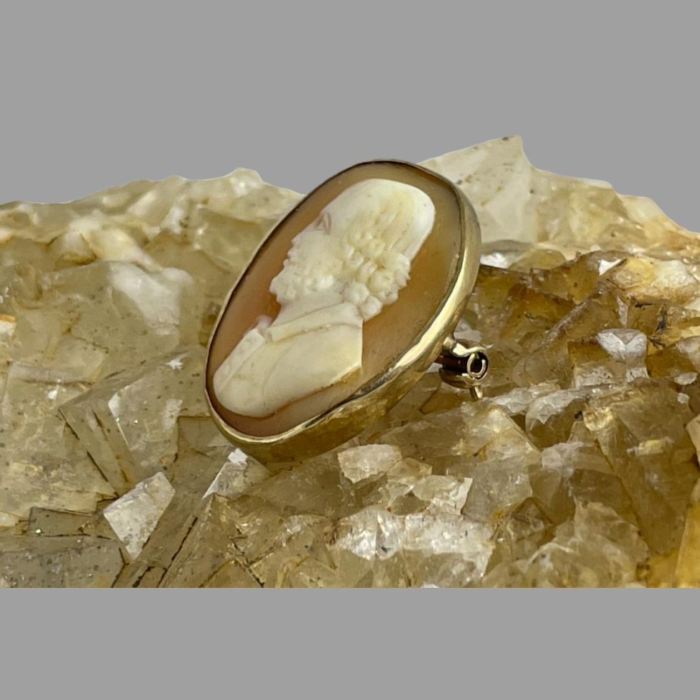 Photo of 19th century Shakespeare cameo seen from a slight side angle with the brooch front this time turned to face left and the Bard facing top left corner of photo. The brooch is still on top of a rock of natural river quartz.