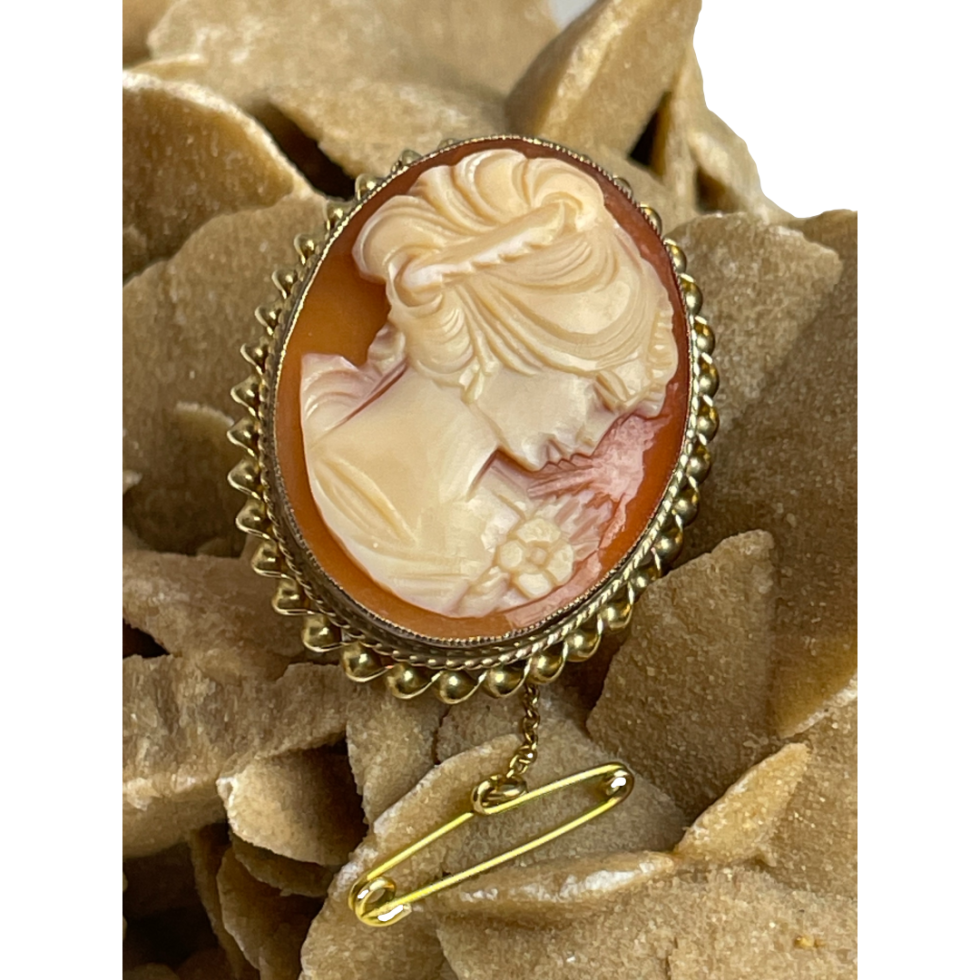 A close up of the front of the 9 karat gold cameo brooch focusing very much on the figure of the beautiful lady in profile .