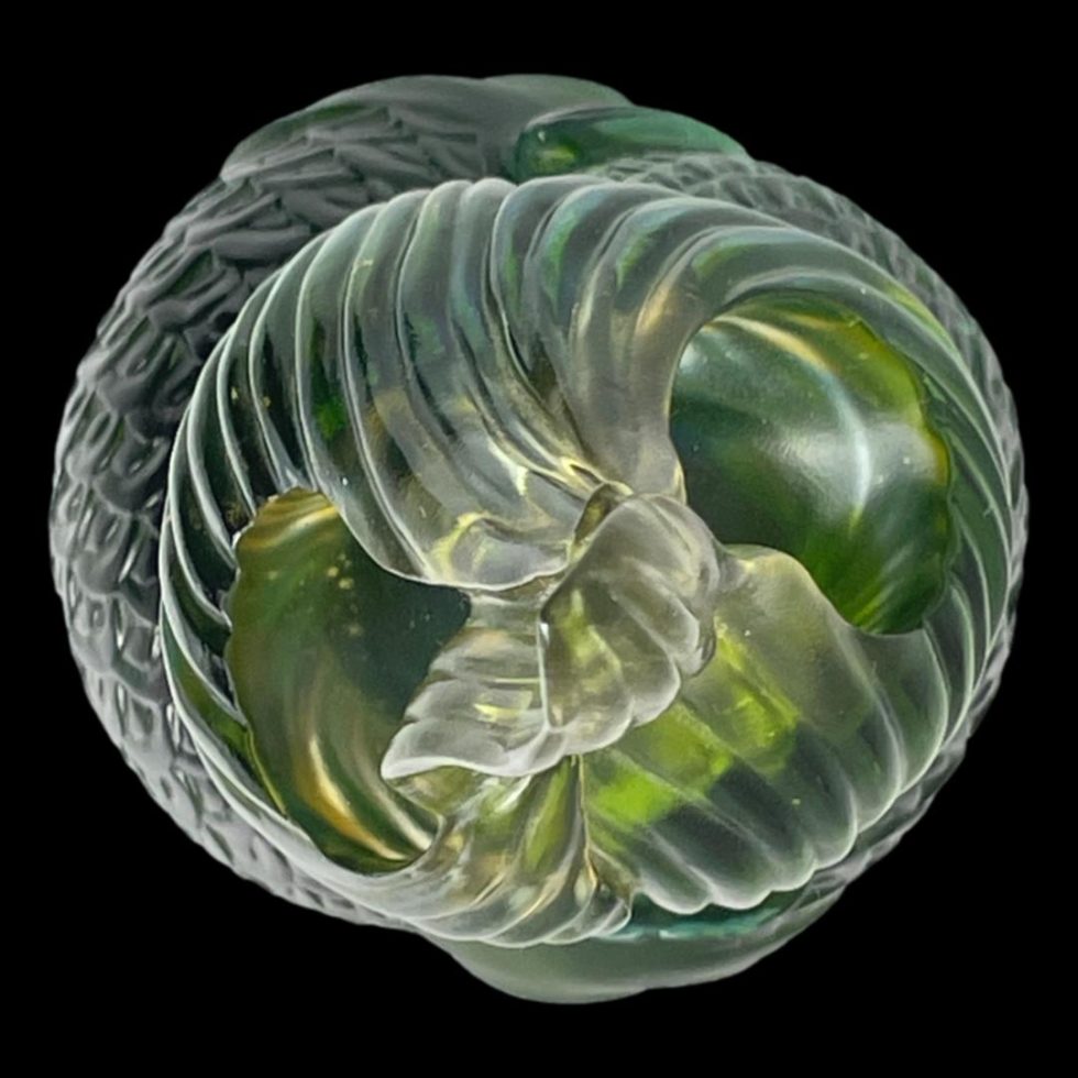 Photo looking straight down at the top of the Liuli Gongfang fish sculpture. From this angle it is difficult to make out what this is at all.